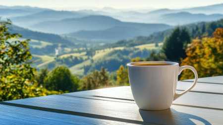 Enjoy a peaceful scene of a coffee cup set against a breathtaking panorama of rolling hills and misty mountains, embodying tranquility and perfect for inspiration.の素材