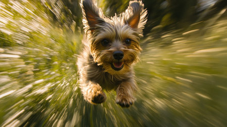A lively small dog is captured mid-leap in a sunlit meadow, showcasing its fluffy fur and playful spirit, emphasizing joy and energy in a natural environment.の素材