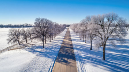 Experience the tranquility of a winter landscape with frost-covered trees lining a snow-draped road, showcasing nature's beauty under a clear blue sky.の素材