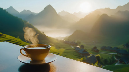 A soothing cup of steaming coffee sits on a table, providing warmth and comfort while offering breathtaking views of mountains and valleys illuminated by soft sunrise light.の素材