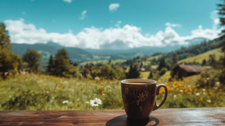 Enjoy a serene moment with a warm cup of coffee in a stunning mountain landscape, surrounded by lush greenery and vibrant flowers under a bright blue sky.の素材