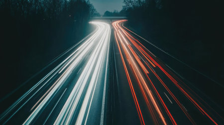 Captured at night, this long exposure image showcases vibrant light trails of moving vehicles on a busy highway, blending red and blue streaks against a dark backdrop.の素材
