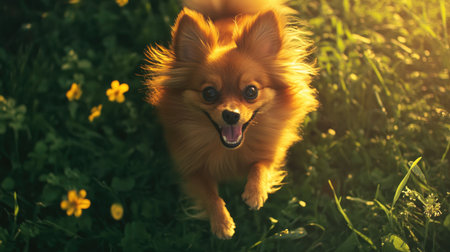 A cheerful Pomeranian dog joyfully runs through a lush green field filled with yellow flowers, basking in warm sunlight. The image captures pure happiness in nature.の素材