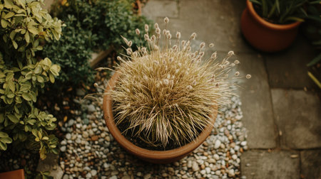 A stunning overhead view of a potted plant featuring feathery foliage, surrounded by decorative stones in an urban garden setting, creating a peaceful atmosphere.の素材