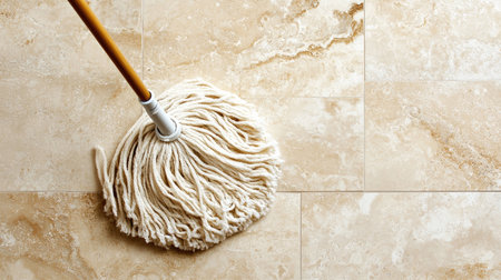 A clean mop resting on shiny floor tiles highlights the importance of regular cleaning in maintaining a fresh and inviting home environment. Ideal for home cleaning themes.の素材