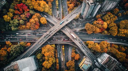 Stunning aerial perspective of an urban intersection adorned with rich autumn colors. This vibrant scene captures the dynamic flow of city life and nature's beauty.の素材