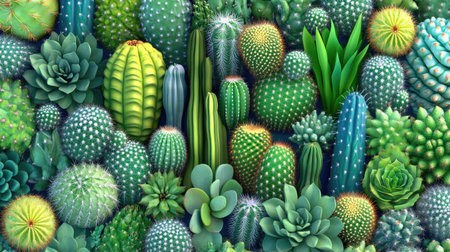 A stunning array of cacti and succulents showcasing their unique shapes and vibrant colors, perfect for enhancing natural themes and gardening projects.の素材