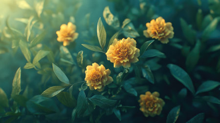 Beautiful yellow marigold flowers bloom amidst lush green foliage, capturing the essence of summer and tranquility in a bright garden setting. Perfect for nature photography.の素材