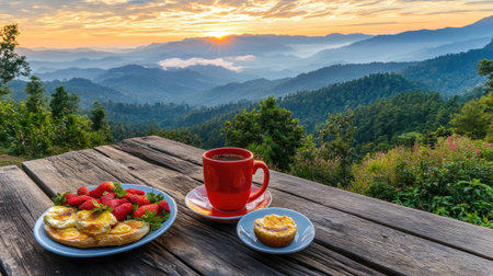 Enjoy a serene breakfast scene showcasing fresh fruit and coffee with a stunning view of mountains at sunrise, creating a perfect moment for relaxation in nature.の素材