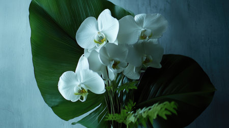 This image features stunning white orchids arranged with rich green leaves, creating a tranquil and elegant floral display that enhances any setting with a touch of nature's beauty.の素材