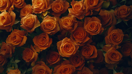 A stunning display of orange roses in a lush arrangement captures the essence of beauty and romance, ideal for any celebration or special occasion with warm lighting.の素材