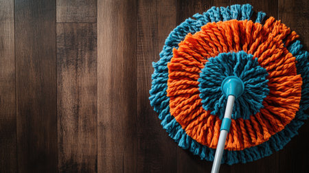 A vibrant and colorful cleaning mop with orange and blue threads rests on a polished wooden floor, showcasing essential cleaning supplies and the importance of home maintenance.の素材