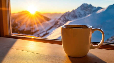 A cozy scene featuring a coffee mug resting on a wooden table, with a breathtaking sunrise illuminating the snow-covered mountains beyond the window. A perfect moment for reflection.の素材