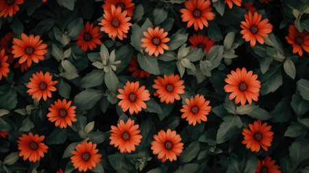 A stunning display of vibrant orange flowers against a rich backdrop of green leaves, capturing the essence of nature's beauty in a serene garden setting. Perfect for floral designs.の素材