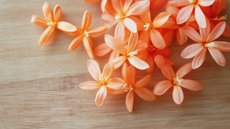 A stunning arrangement of delicate peach flowers on a wooden surface, showcasing their vibrant petals and natural beauty, perfect for decoration and floral arrangements.の素材