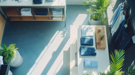 A stylish modern retail space features clothing displays and vibrant greenery. Sunlight filters in, enhancing the ambiance and inviting customers to explore.の素材
