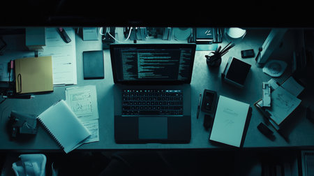 A modern workspace featuring a laptop, notebooks, and various office supplies. The dark aesthetic enhances focus, ideal for creative professionals.の素材