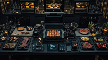 Elegant kitchen setup showcasing a variety of grilled meats, vibrant sides, and advanced cooking technology, perfect for culinary inspiration and gourmet dining experiences.の素材