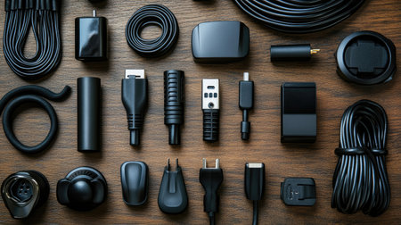 A visually appealing flat lay of assorted black cables, connectors, and chargers, arranged meticulously on a wooden table, perfect for showcasing modern technology aesthetics.の素材