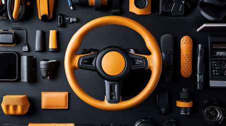 A visually striking arrangement of various black and orange automotive accessories, showcasing stylish design and modern craftsmanship, ideal for automotive enthusiasts and designers.の素材