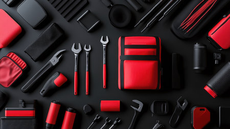 A vibrant arrangement of red and black tools and accessories on a sleek black surface, ideal for showcasing essential gear for professionals and hobbyists focused on precision and quality.の素材