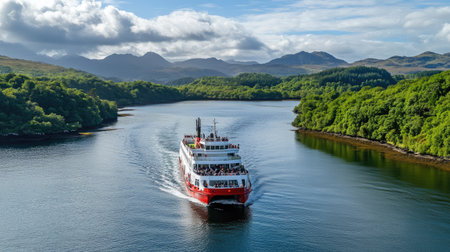 A captivating image of a ferry gliding through calm waters, framed by lush greenery and majestic mountains, creating an inspiring scene of nature and travel adventure.の素材