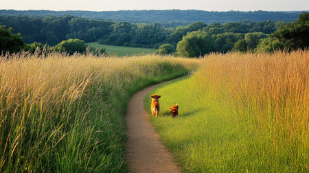 Two playful golden retrievers stroll along a winding path framed by tall grasses, enjoying a peaceful moment in nature as the sun sets behind a lush green forest.の素材