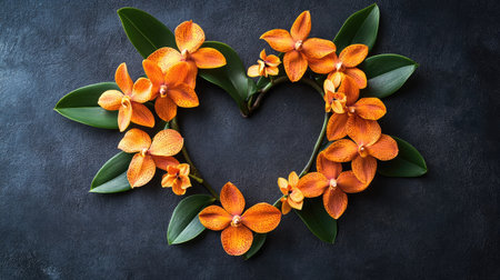 A beautiful arrangement of bright orange orchids and green leaves forming a heart shape on a dark textured background, perfect for romantic themes and floral art.の素材