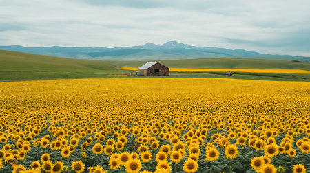 A stunning view of a sunflower field features a rustic barn set against majestic mountains. The sky is soft and cloudy, creating a peaceful rural landscape perfect for nature enthusiasts.の素材