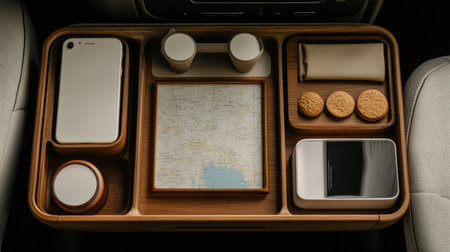 This image showcases an elegant wooden tray placed in a car center console, featuring coffee, cookies, and a map, perfect for a comfortable road trip experience.の素材