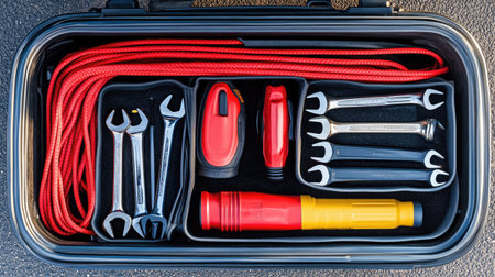 This image showcases a neatly organized tool kit featuring various hand tools, a flashlight, and red ropes, perfect for DIY enthusiasts and repair tasks.の素材