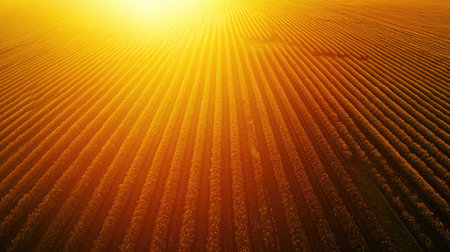 Experience the serene beauty of lush green vineyards captured from above, illuminated by the warm golden glow of a setting sun, showcasing nature's elegance and agricultural harmony.の素材