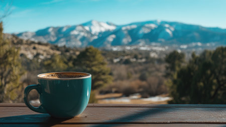 A serene morning coffee moment featuring a blue mug with a stunning mountain backdrop, inviting feelings of relaxation and nature's peaceful embrace. Perfect for inspiration.の素材