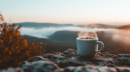 Enjoy a warm cup of coffee in the serene ambiance of misty mountains at sunrise, capturing the tranquility and beauty of nature's awakening in a breathtaking landscape.の素材
