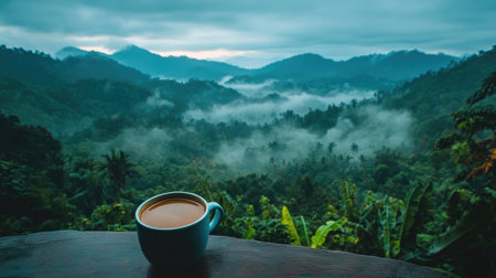 Enjoy a tranquil moment with a steaming cup of coffee overlooking lush green mountains and misty valleys. Perfect for nature lovers and relaxation.の素材