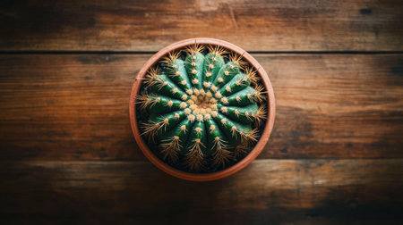 This image showcases a striking green cactus with sharp spines, nestled in a terracotta pot, placed on a rustic wooden table, highlighting nature's resilience.の素材