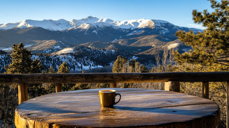 Enjoy a peaceful moment with a coffee mug resting on a rustic wooden table, showcasing a breathtaking view of snow-capped mountains and serene nature.の素材