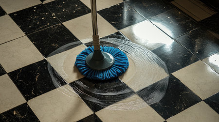 A mop glides across a black and white checkerboard floor, releasing soap bubbles and showcasing effective cleaning techniques and home maintenance practices for a spotless environment.の素材