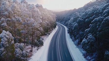 A stunning aerial perspective captures a snow-dusted highway meandering through a tranquil pine forest, showcasing the serene beauty of winter landscapes.の素材