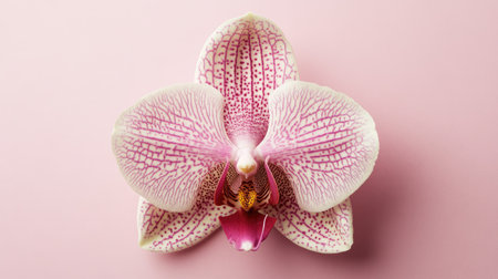 A stunning pink orchid flower is showcased on a soft pink background, highlighting its delicate petals and intricate patterns, perfect for floral and nature-inspired projects.の素材