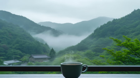 A tranquil scene featuring a cup of coffee on a table, with panoramic views of misty mountains and lush forests, perfect for relaxation and nature lovers seeking peace.の素材