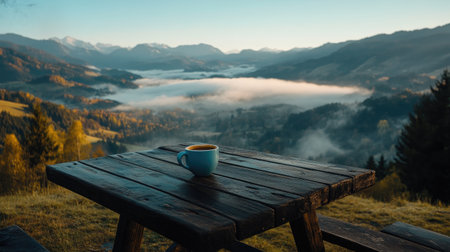A serene morning view featuring a blue coffee cup on a rustic wooden table, overlooking a misty valley and majestic mountains during a peaceful sunrise. Perfect for relaxation.の素材