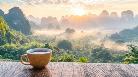 A peaceful morning scene featuring a steaming cup of coffee on a wooden table, with a breathtaking view of mist-covered mountains illuminated by the rising sun.の素材