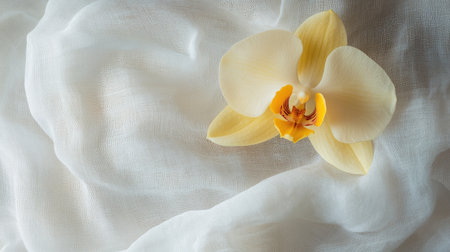 A stunning yellow orchid flower rests gracefully on soft white fabric, creating a tranquil and elegant atmosphere, ideal for nature and decor themes in various projects.の素材