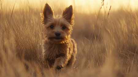 A lively Yorkshire Terrier joyfully runs through tall grass, basking in the golden glow of the sunset. This heartwarming scene captures the essence of playful energy in nature.の素材