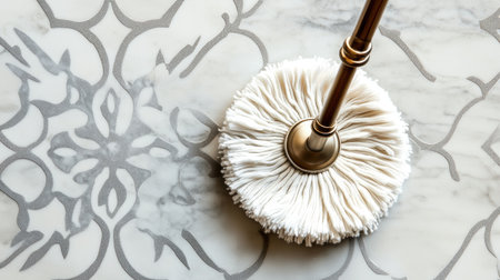 A cleaning mop features a plush cotton head resting on a decorative marble surface. Ideal for home cleaning, this image highlights hygiene and elegance in household tasks.の素材