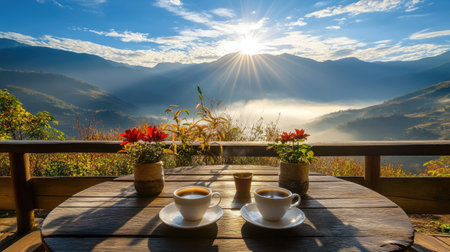Enjoy a serene moment with two cups of coffee set on a wooden table, surrounded by beautiful flowers and a breathtaking mountain view at sunrise, perfect for relaxation.の素材