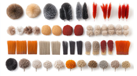 An engaging array of colorful craft pom poms, soft textures, and decorative brushes arranged systematically, ideal for inspiring creative projects and artistic endeavors.の素材
