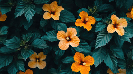 Stunning orange hibiscus flowers bloom beautifully among dark green leaves, creating a vibrant and serene garden ambiance ideal for nature-focused projects.の素材
