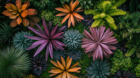 An artistic aerial view of a vibrant arrangement of succulent plants featuring an array of textures and colors, perfect for nature-inspired decor and botanical aesthetics.の素材
